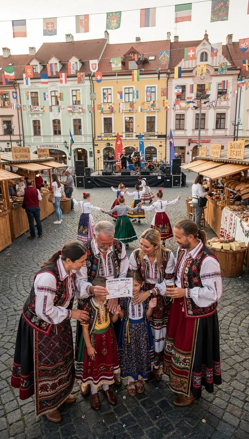 Cultural festival in a Slovak town featuring local music, dance, and traditional costumes.