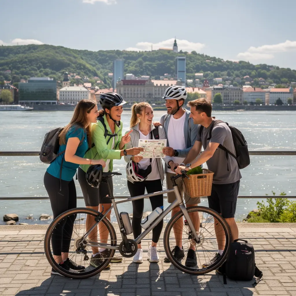 An aerial shot of the Danube River winding through the scenic landscape of Slovakia, with boats sailing peacefully.